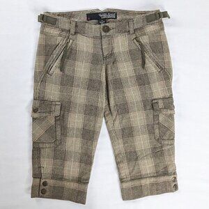 Y2k Guess Tan and Black Low Rise Plaid Cargo Bermuda Shorts Buckle Detail Capris